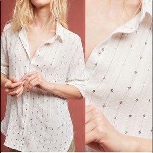 Feather Bone by Anthropologie White Sequin Stripe Cotton Button Down Shirt